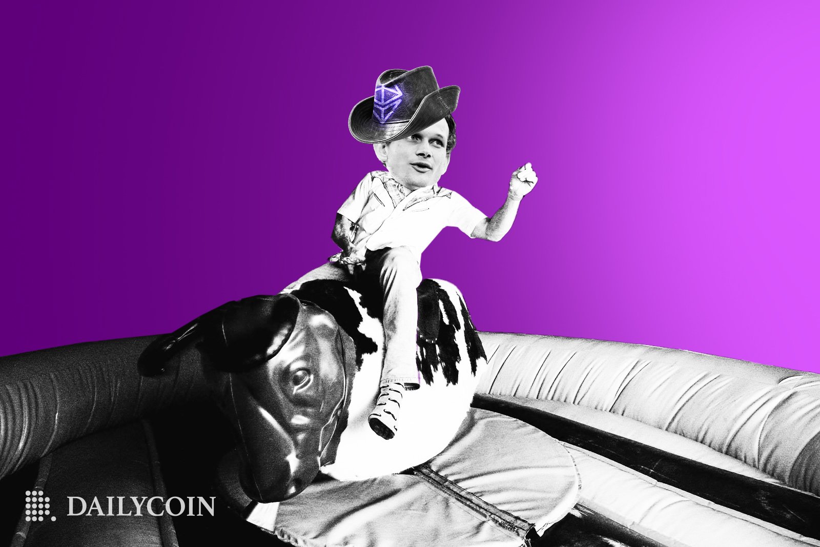 Vitalik Buterin with a cowboy hat on a mechanical bull