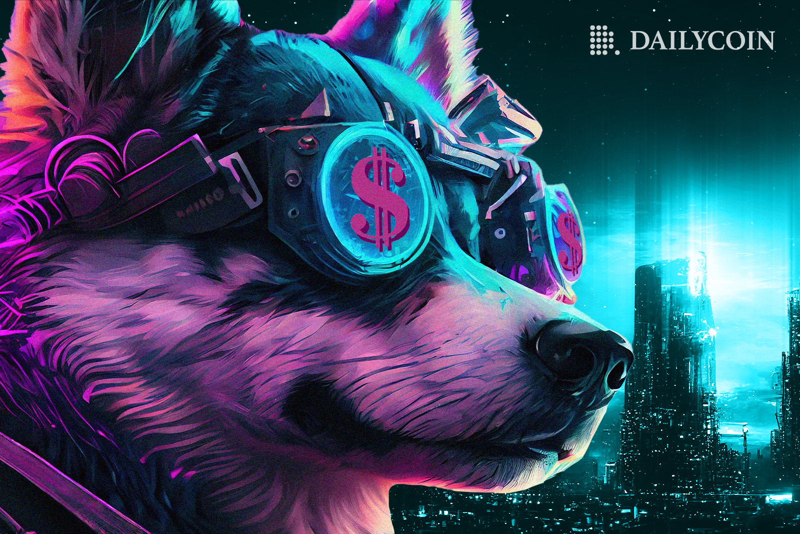 A dog in a futuristic city wearing steam punk glasses with dollar signs on them.