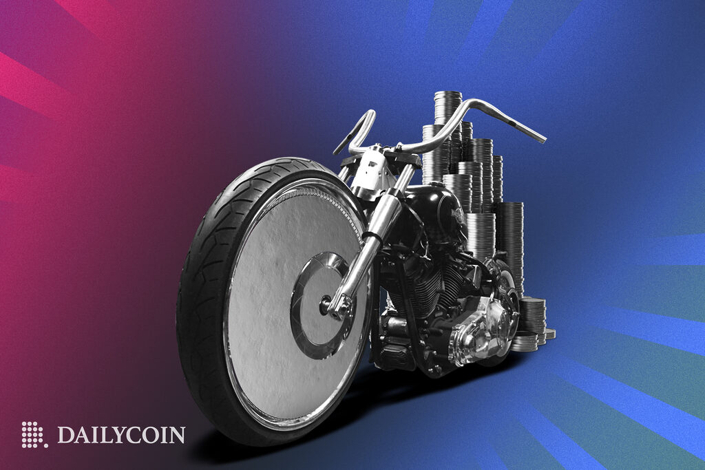Cryptocurrency coins riding on a huge chromatic chopper