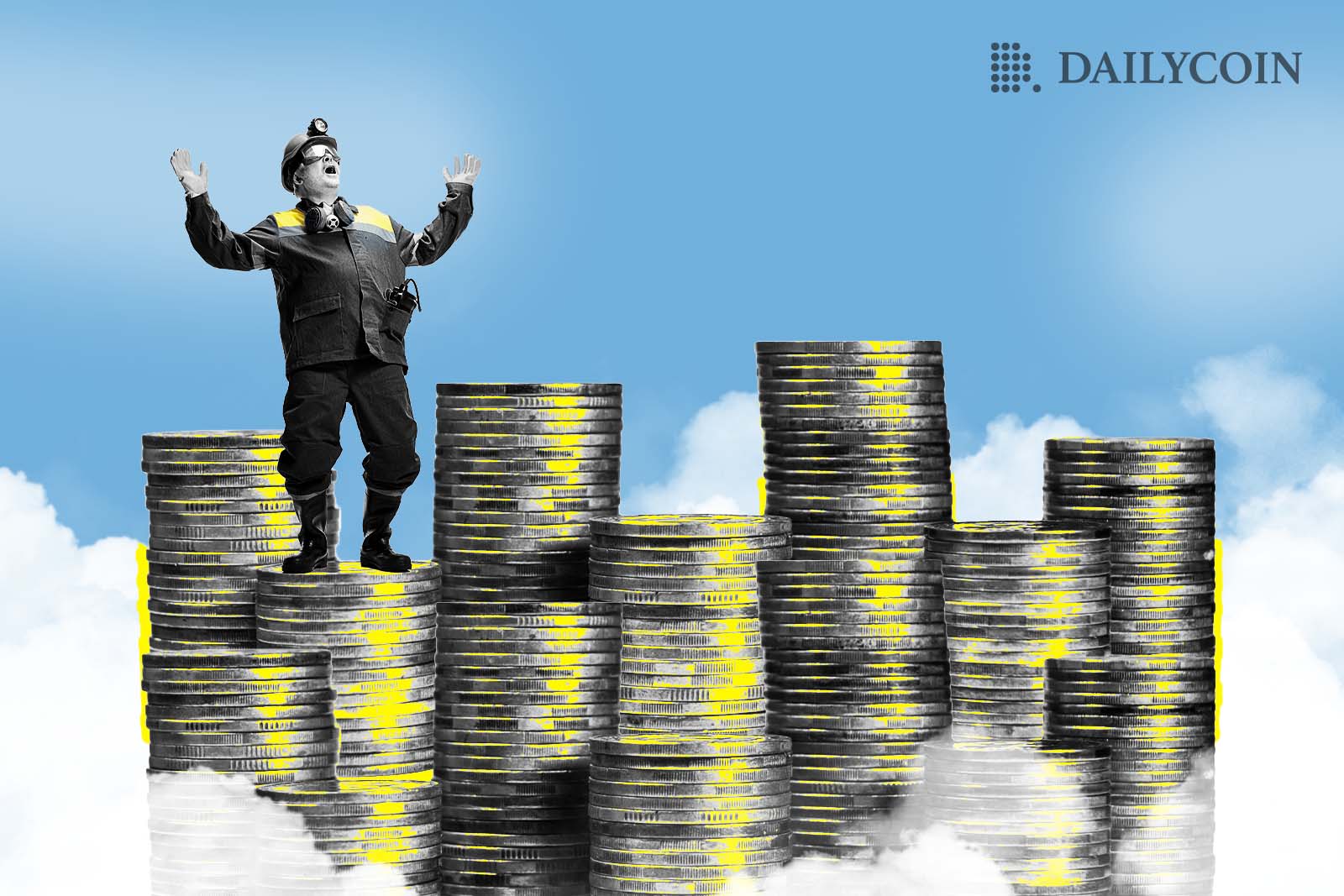 Man in suit standing on top of a pile of coins in the clouds.