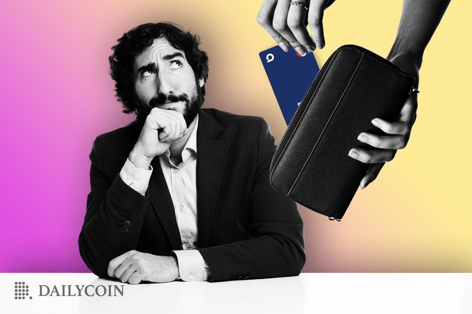 A man staring at a human hands taking out a crypto credit card out of a wallet.