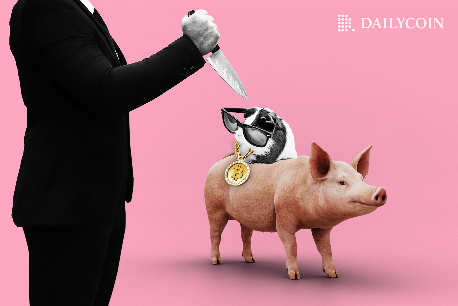 A man in black suit holding a knife and threatening innocent looking pink pig.