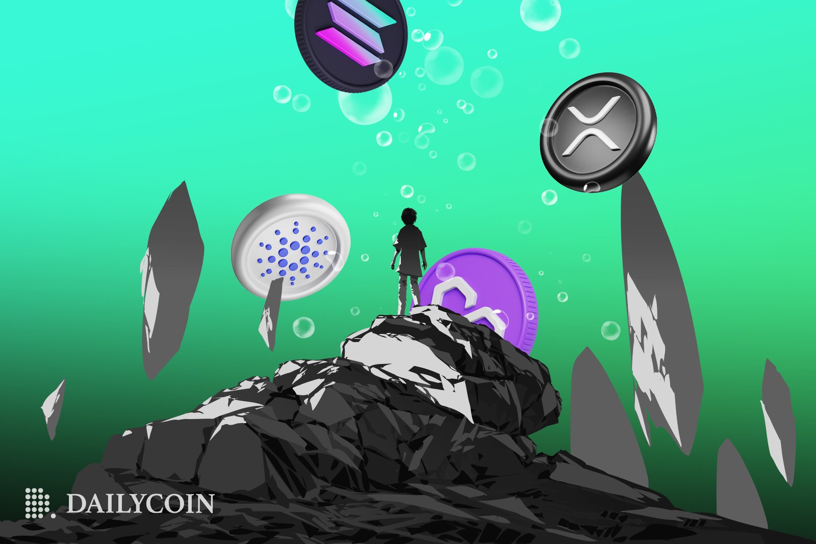Person standing on top of a rock formation staring up towards giant SOL, ADA, MATIC and XRP coins