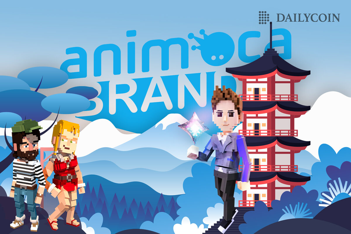 Sandbox avatars on the background depicting Japanese building and mountains in front oh Animoca Brands logo.