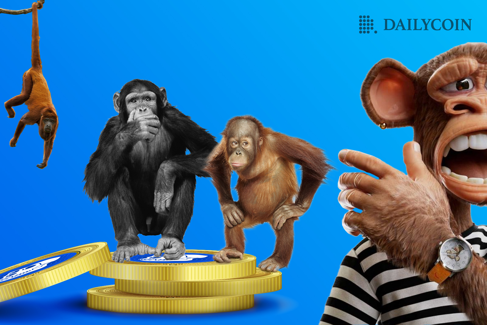 Apecoin apes sitting on golden coin discuss something.