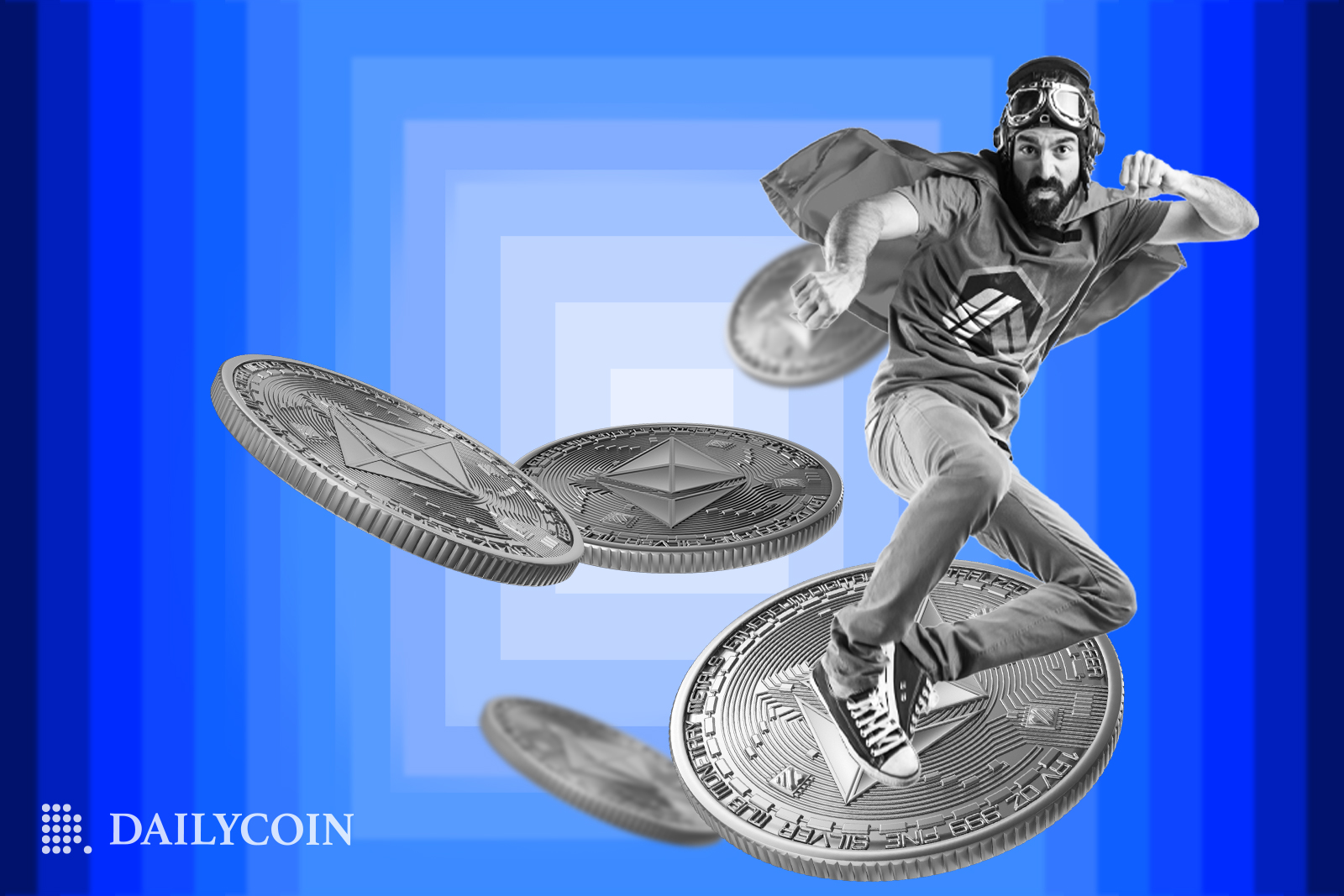 A man standing on a huge coin