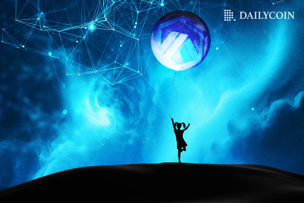 A little girl holding a balloon with Arbitrum logo on the blockchain background. 