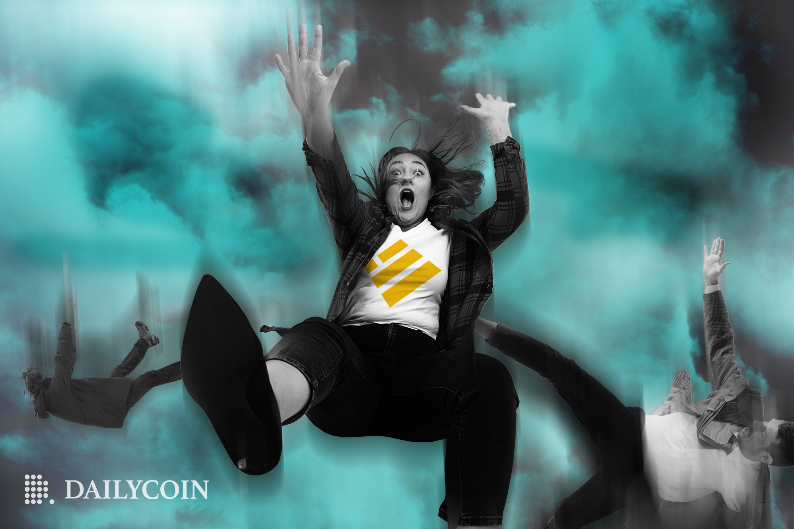 People falling from the sky with the main person wearing shirt with the Binance logo