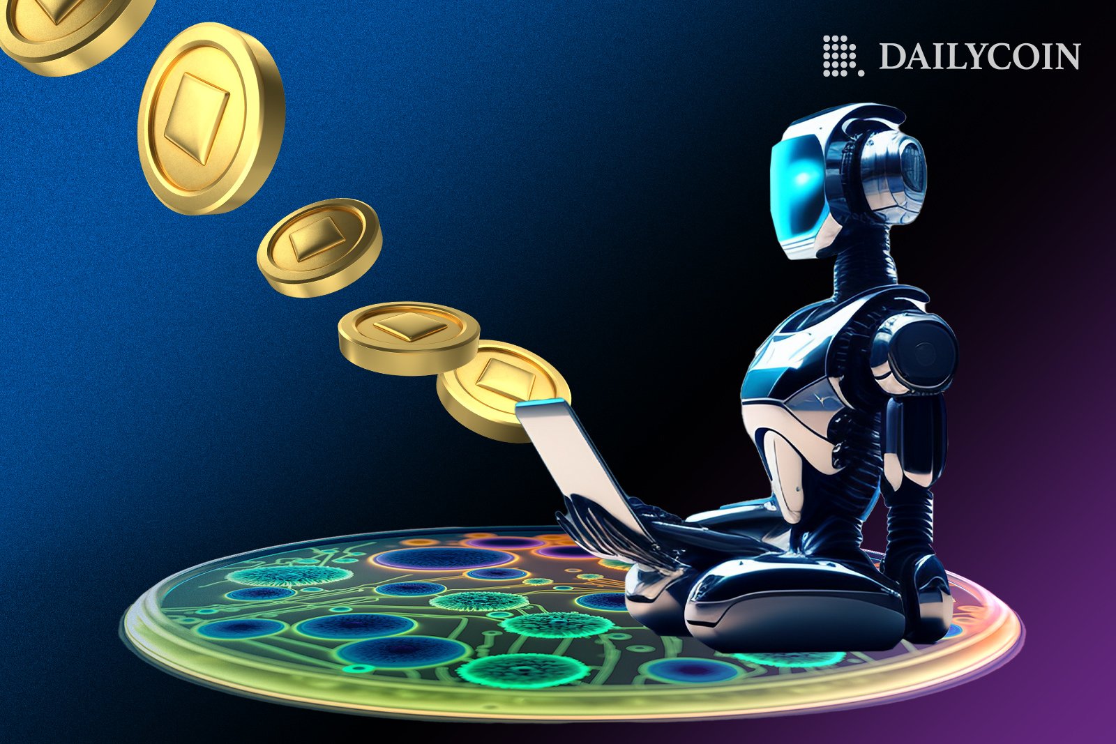 Robot sitting on a platform reading a notepad next to floating crypto coins.