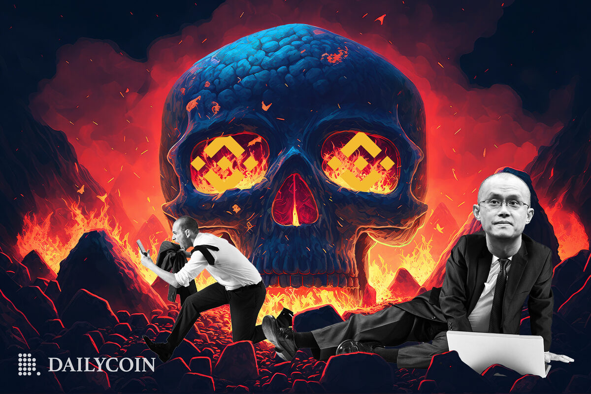 Binance CEO CZ in hellfire, as a person is running away. A large skull with Binance logo is in the background.