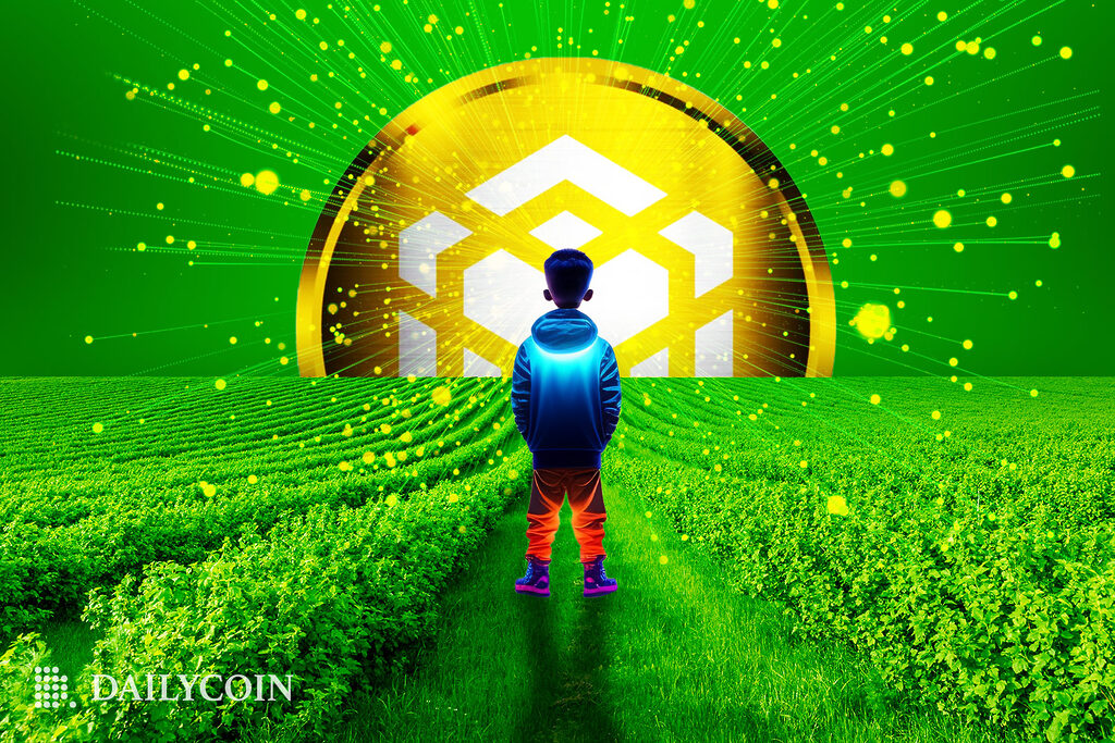 A child in neon glowing clothes walks through a lush green field towards a glowing BNB coin