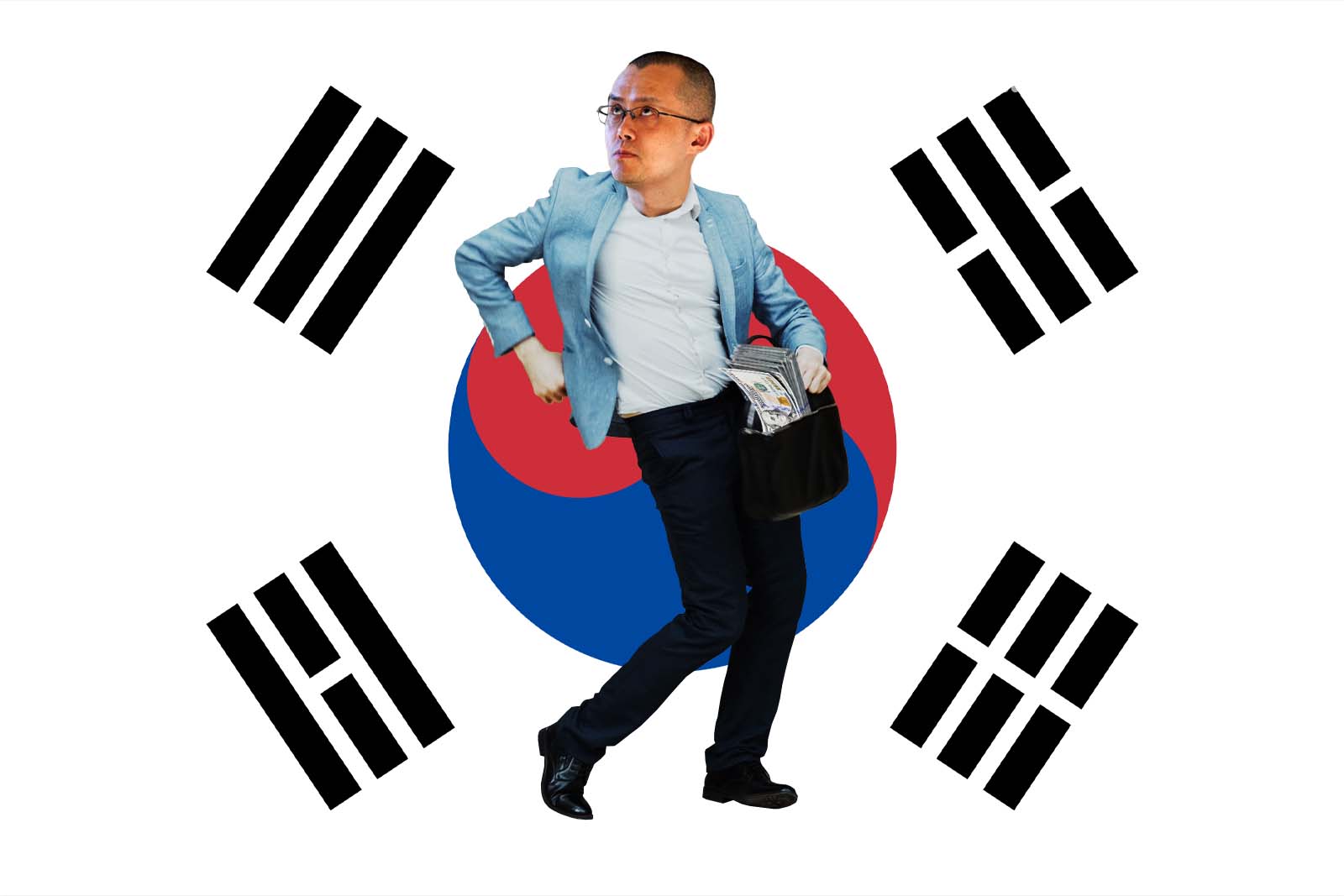 Binance CEO dancing with South Korean flag at the back.