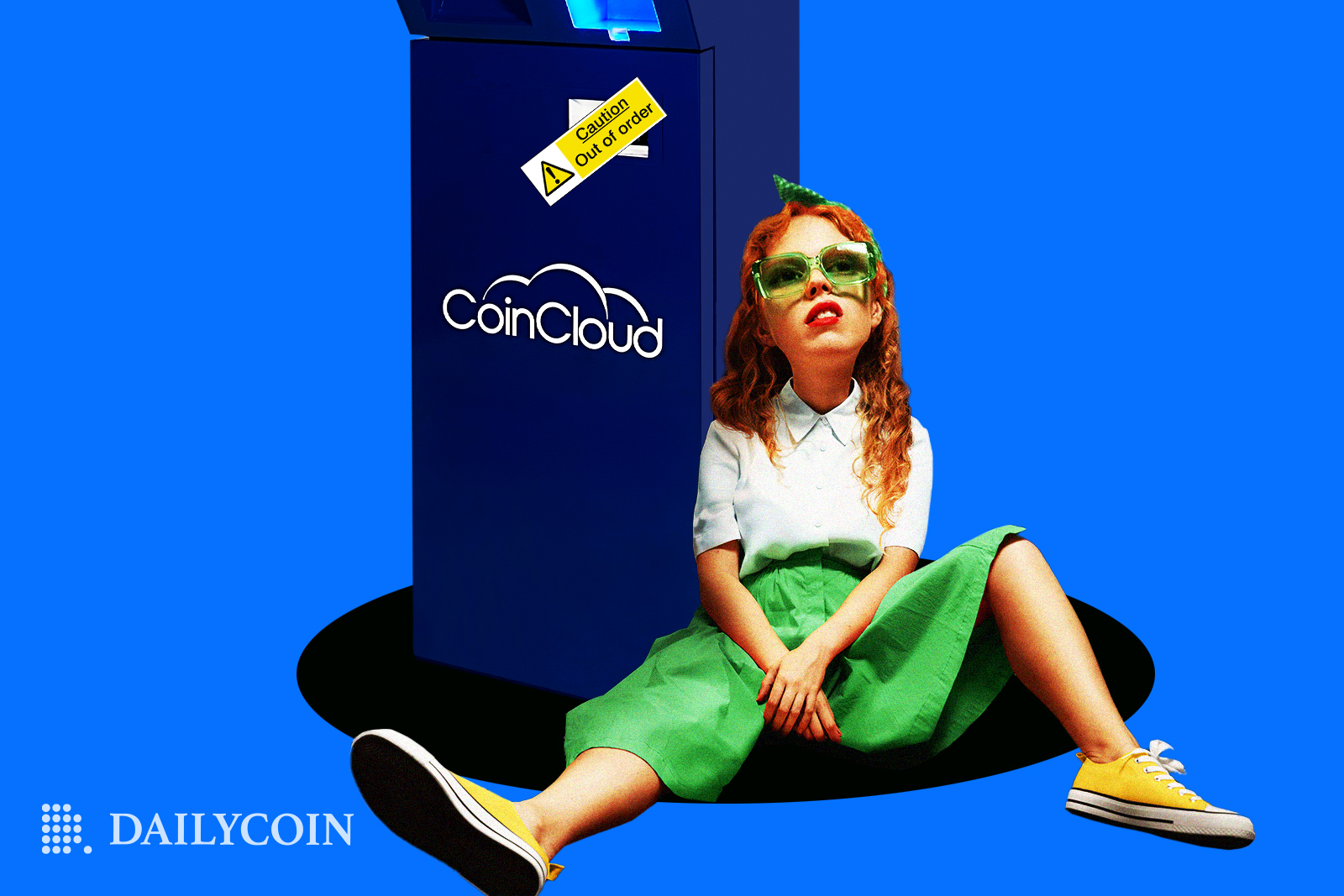 A woman sitting next to an ATM with the logo Coin Cloud, and a caution sticker saying its out of order