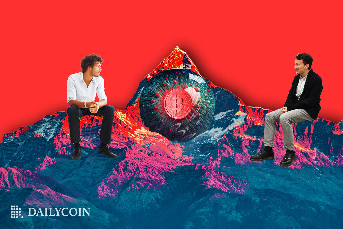 Two giant people sitting on a mountain range with a massive eye with a bitcoin pupil in the center of the Mountain