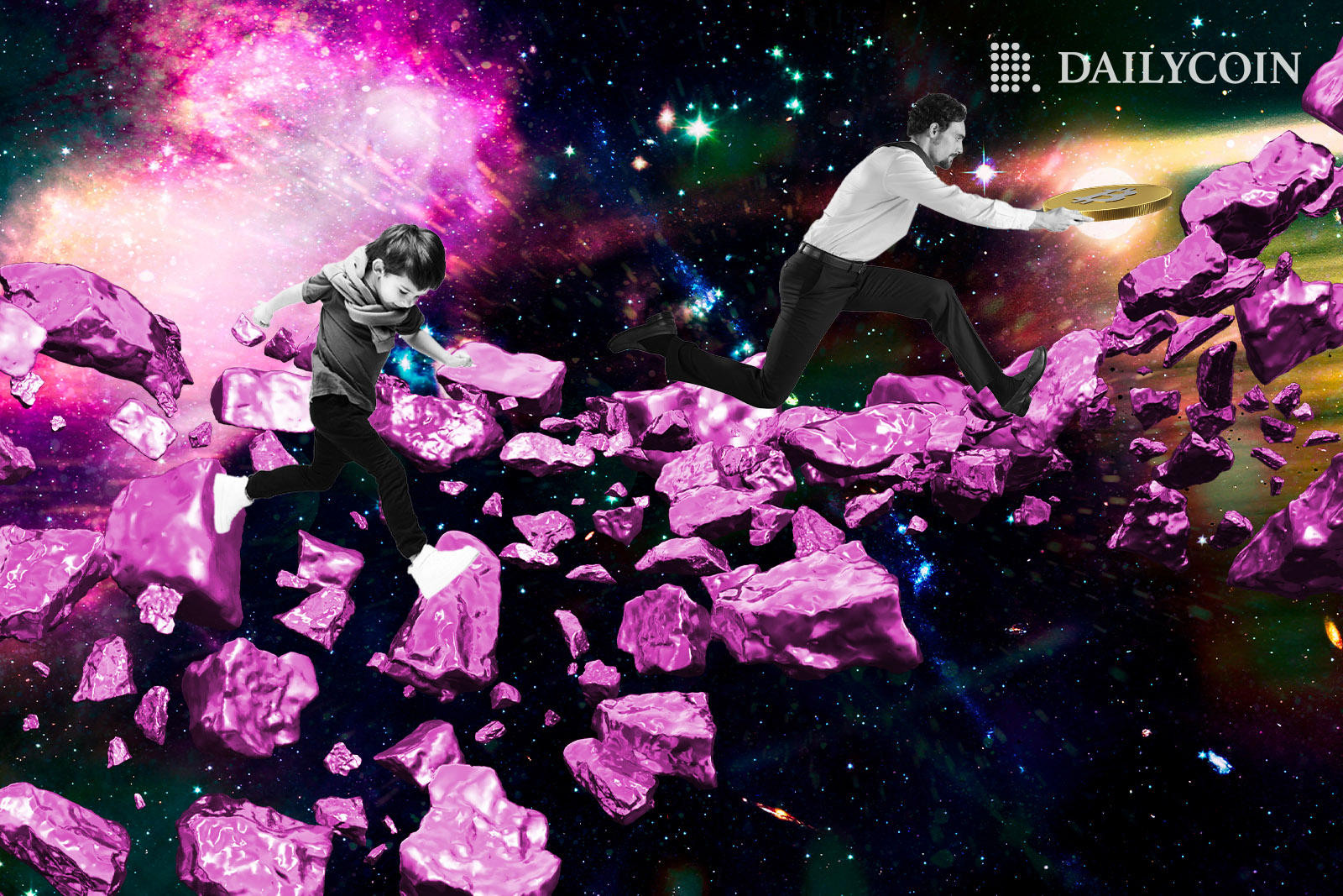 A man holding a bitcoin coin runs on a crumbling pink commit through space. A child runs to keep up behind him