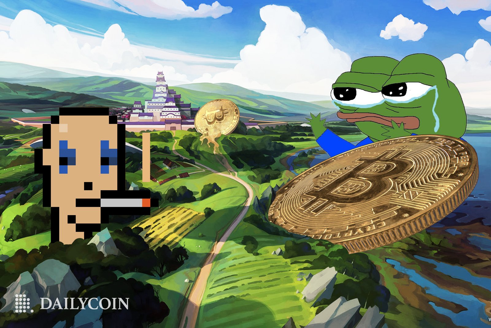 Crypto Punk and crying pepe in the crypto countryside