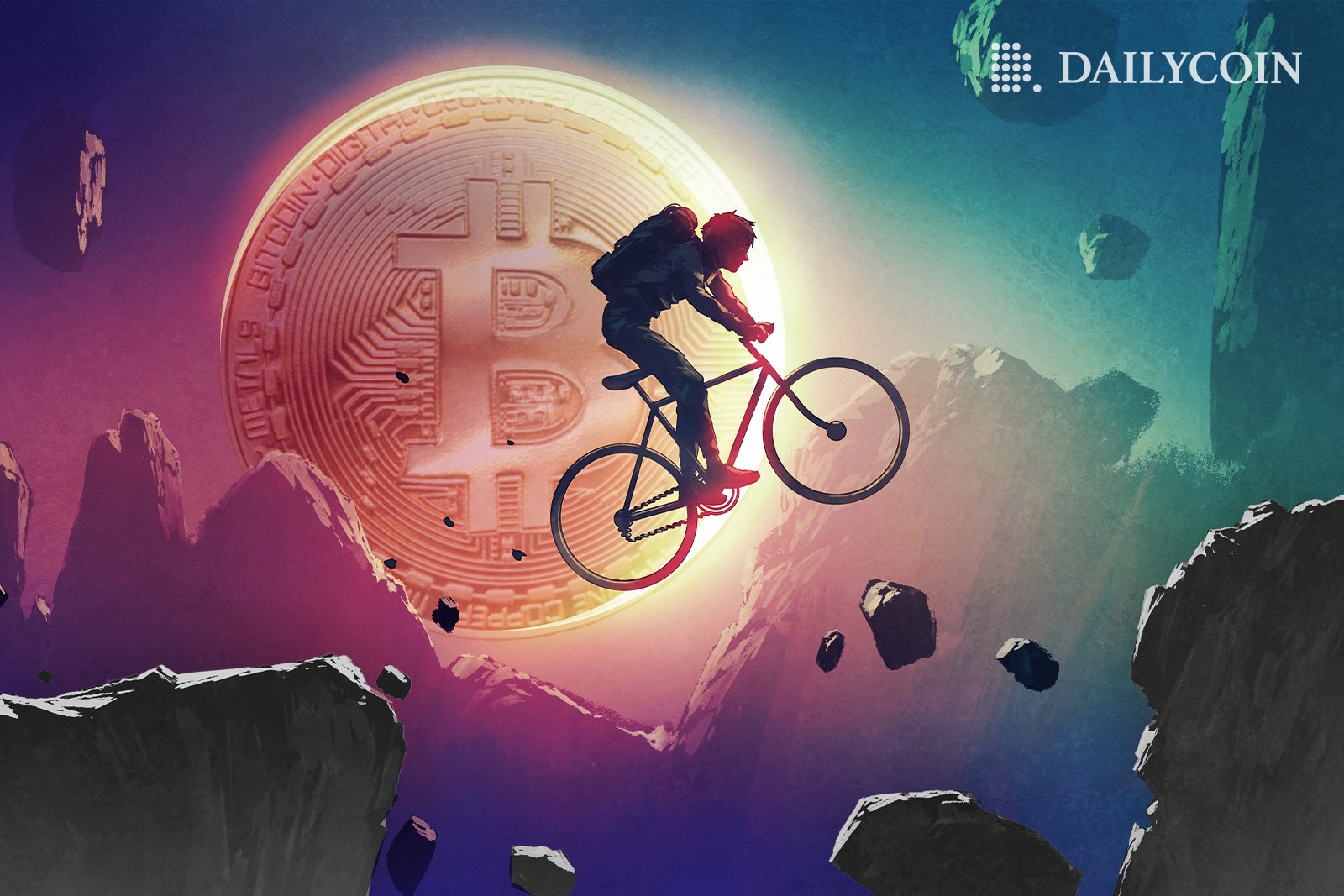 A biker riding a bike on a mountain with Bitcoin in the background