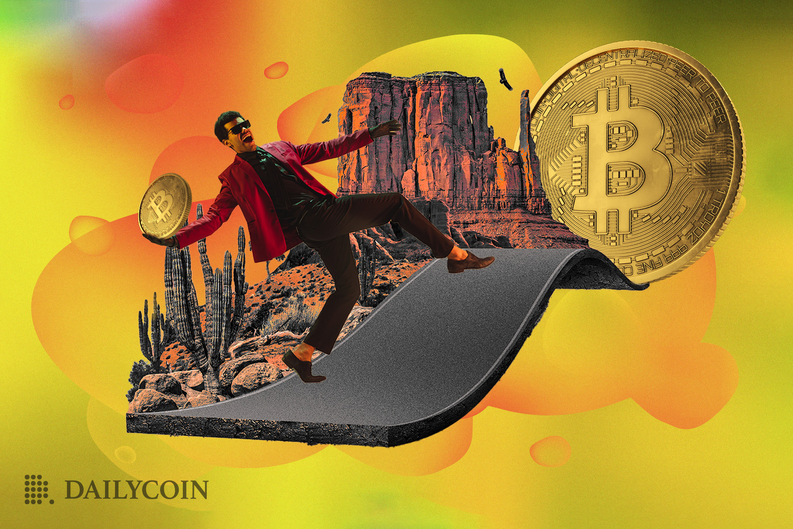 Man holding Bitcoin while walking cheerfully up a road toward a Bitcoin inside a desert landscape