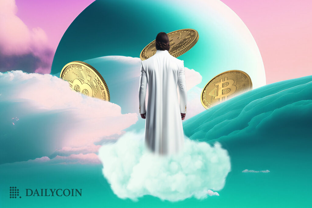 A man dressed in white coat looking at flying bitcoins.