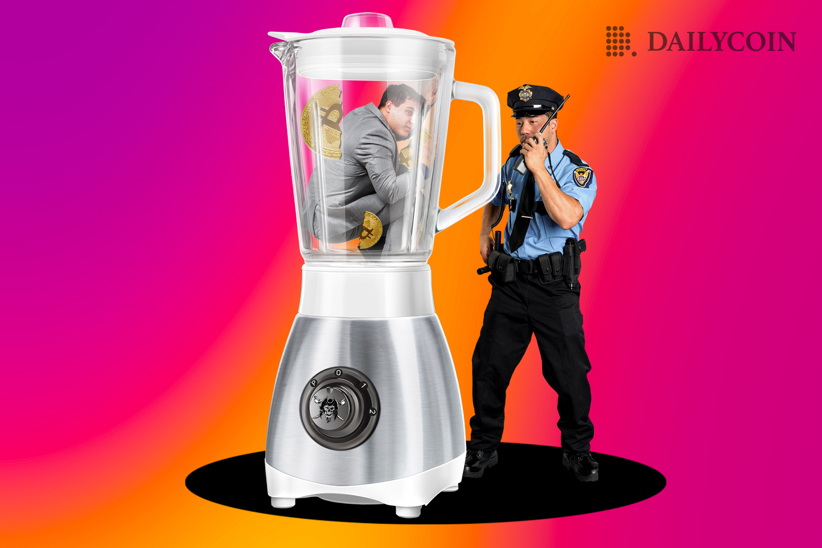Police officer holding a person hostage in a blender