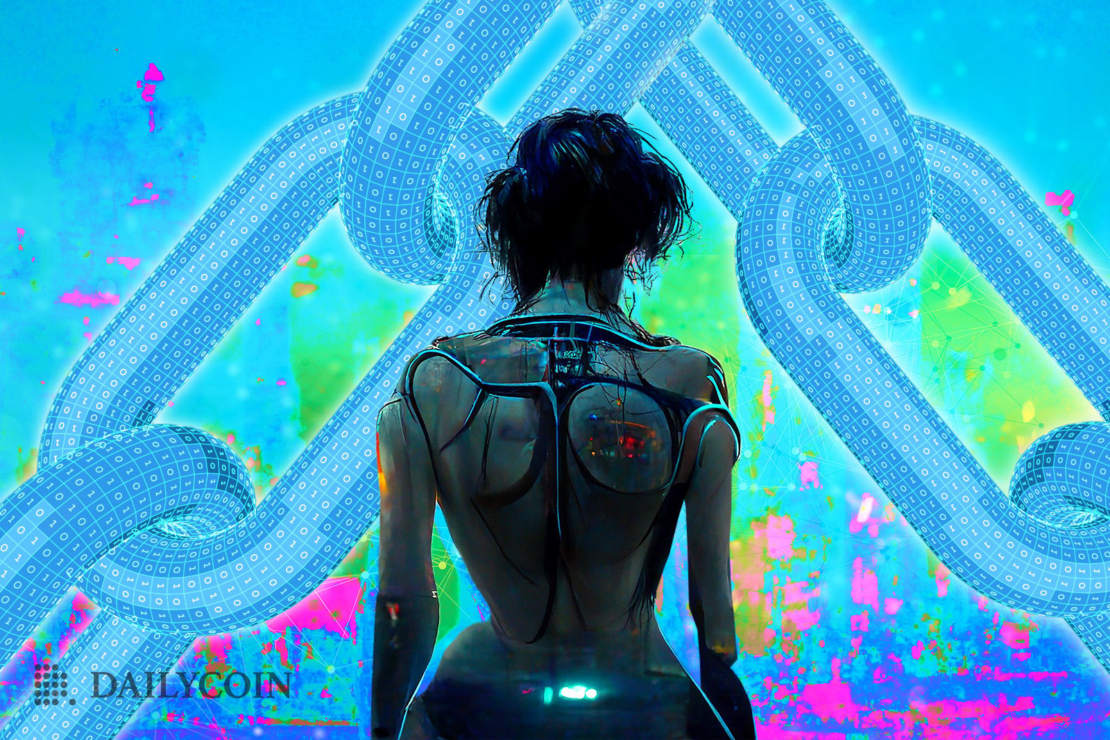 A woman robot staring at a huge digital crossed chains.