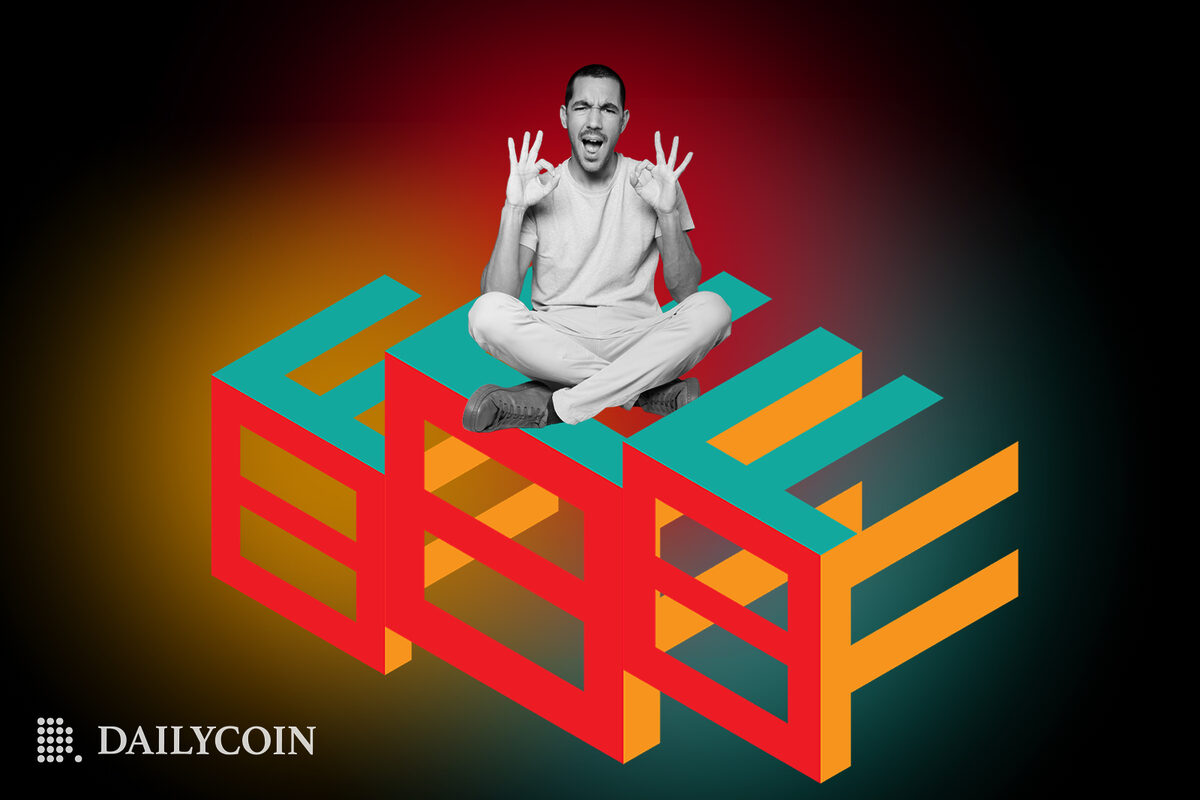 A man sitting on top of Blockchain Founders Fund logo.