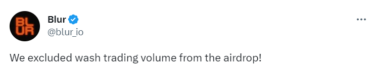 Blur.io tweet about excluding wash trading volume from airdrop
