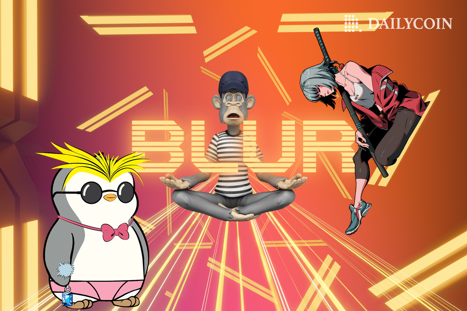 Pudgy Penguin, Bored Ape and Azuki NFT floating inside the blockchain on Blur.