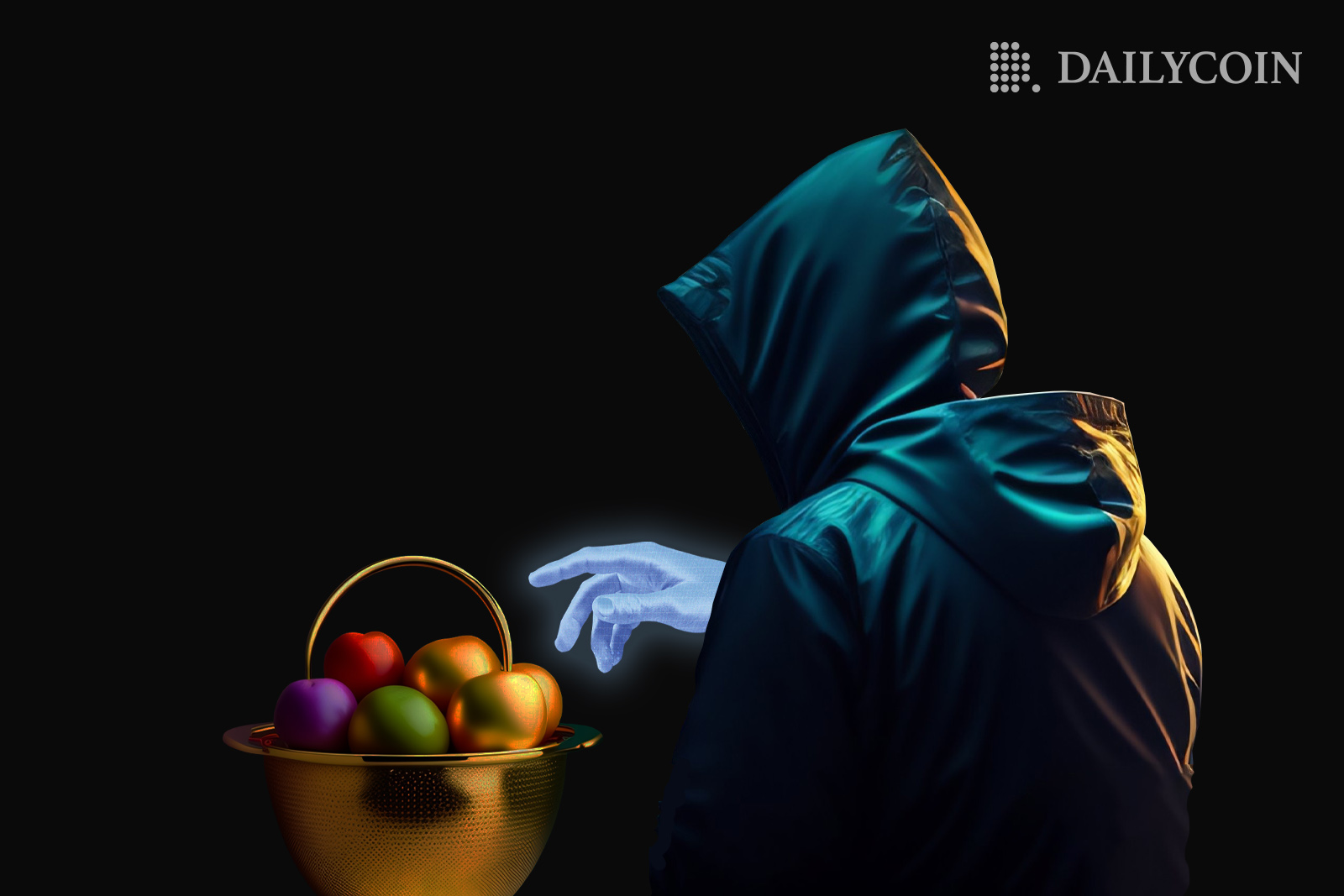 A man in hood is trying to get hold of some colourful fruits