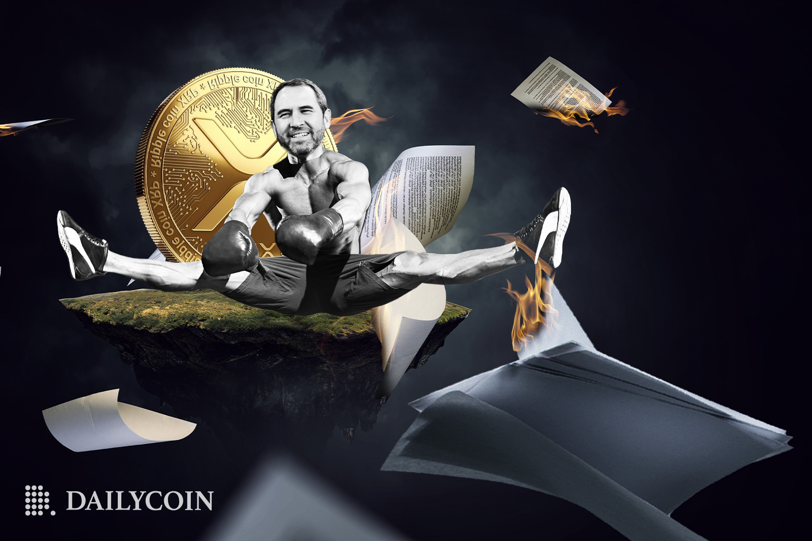 Brad Garlinghouse jumping up in the air while documents flying around in front of a giant XRP token on a floating island.