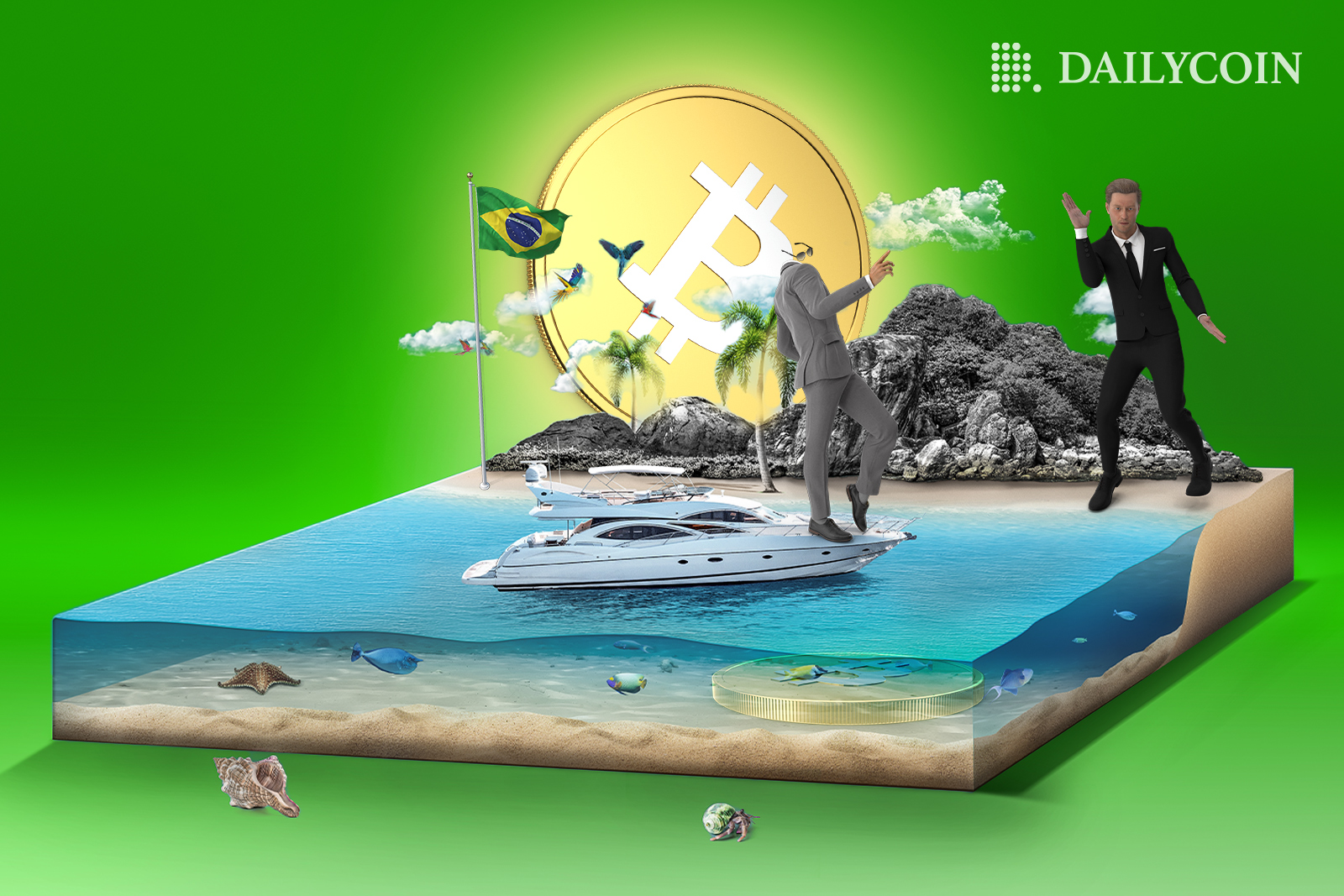 A party on the Brazilian bitcoin beach with two businessmen shaking hands with large BTC coin shining instead of the sun in the background.