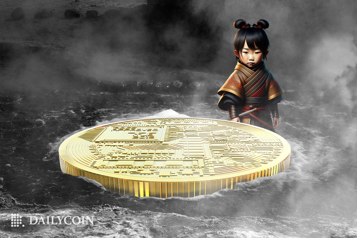 A Japanese child staring at a digital coin in a smoky environment