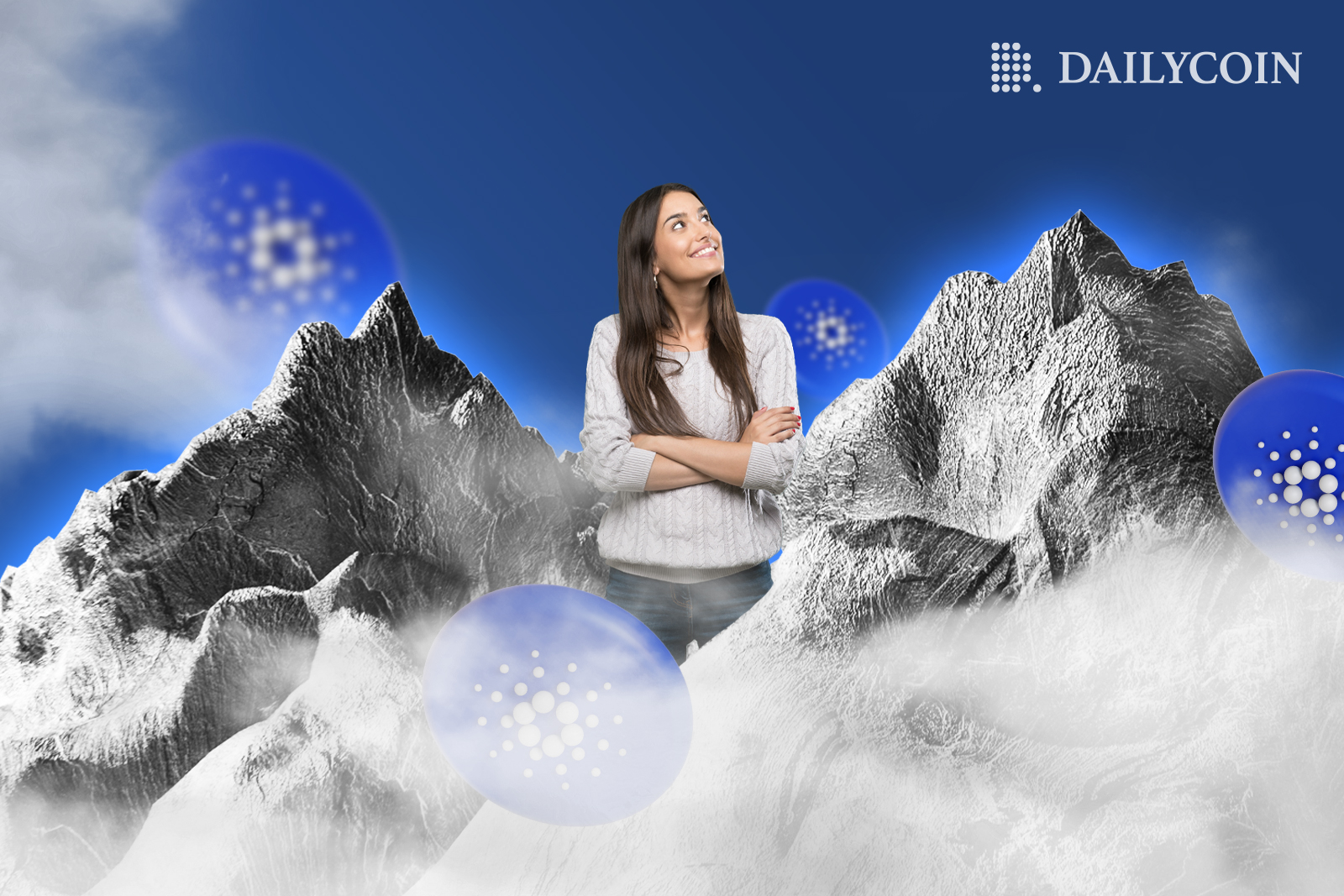 Cardano (ADA) Climbs mountains chart with smiling woman
