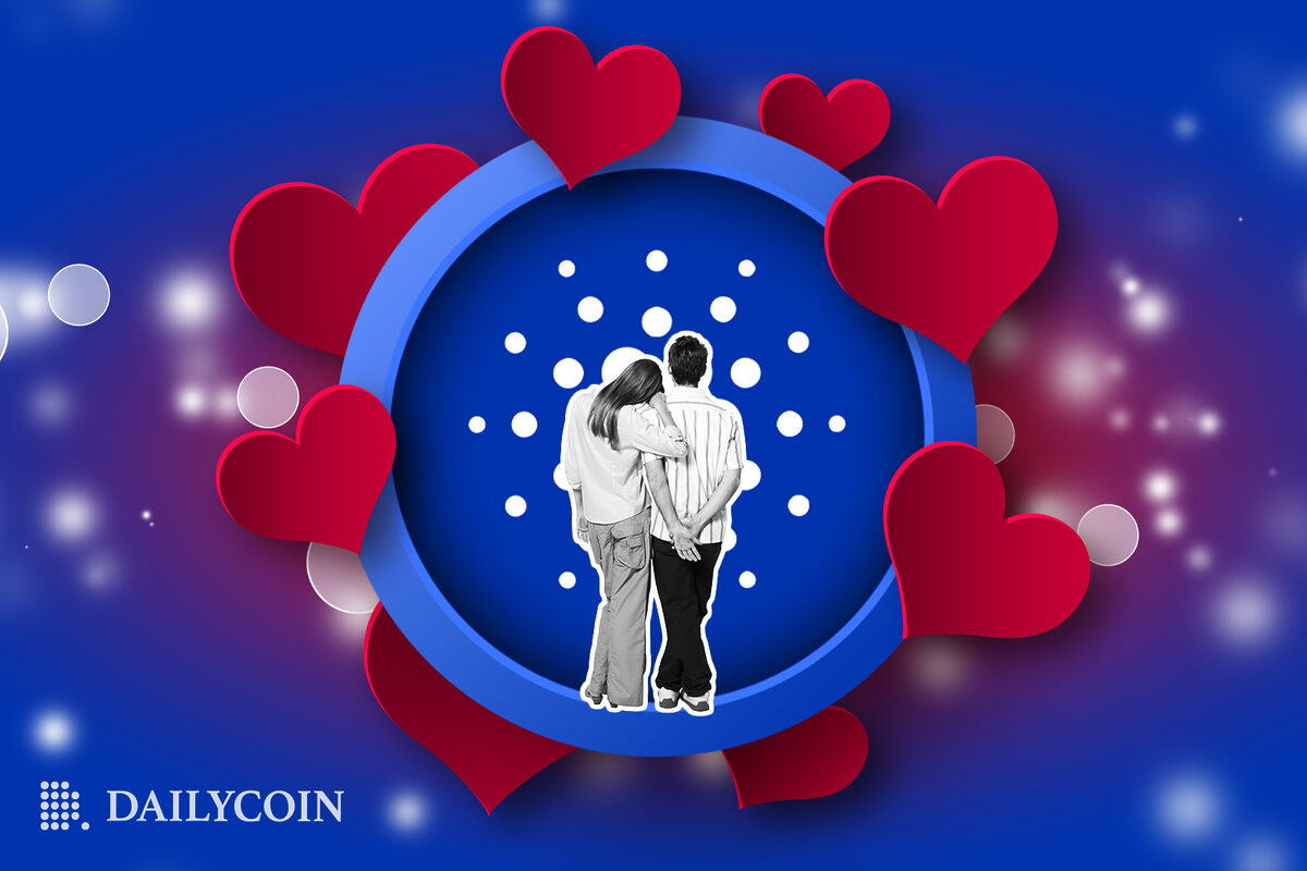 Two lovers looking at a Cardano circle surrounded by love hearts