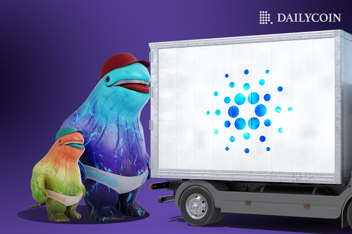 Bigger and smaller Cardano ADA whales beside a branded moving van