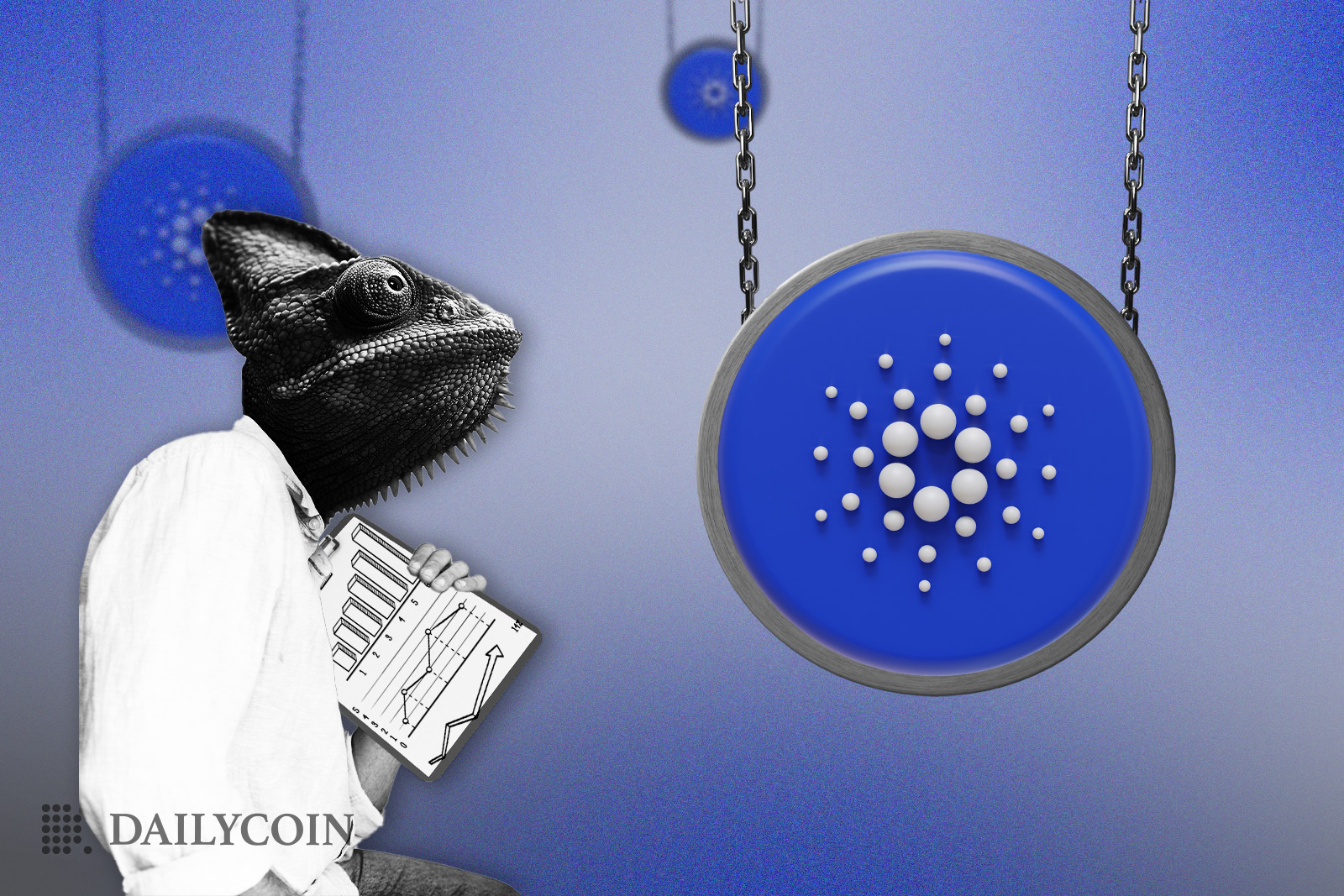 Lizard dressed in lab coat looking at Cardano on chain. 