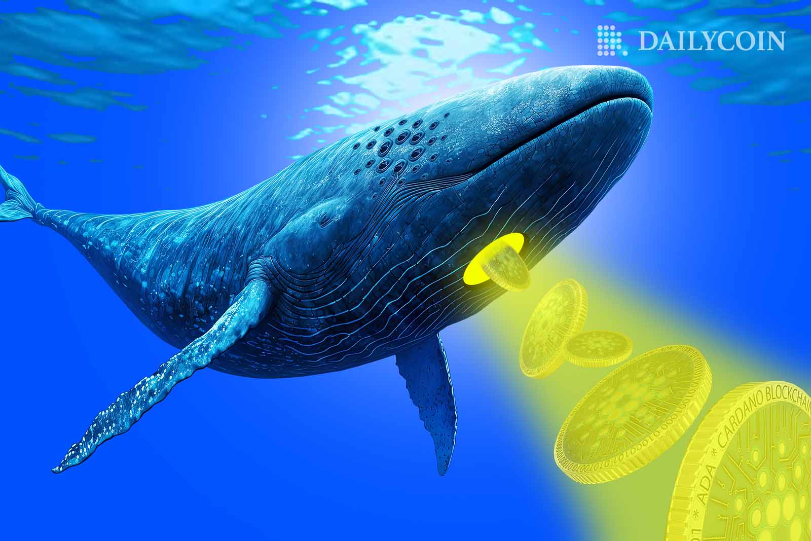 Cardano ada tokens coming out of whale's stomach.