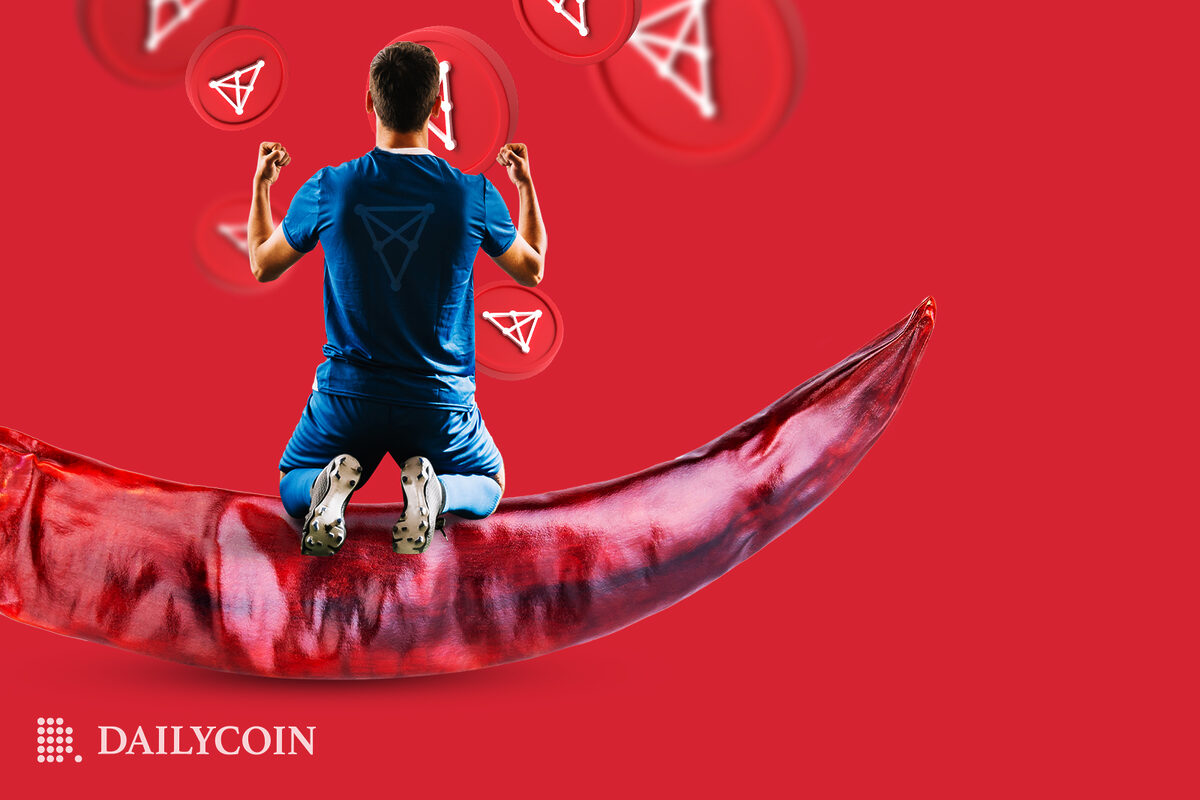 Chiliz sports fan is kneeling down on a big red pepper and cheering the growth of Chiliz tokens.