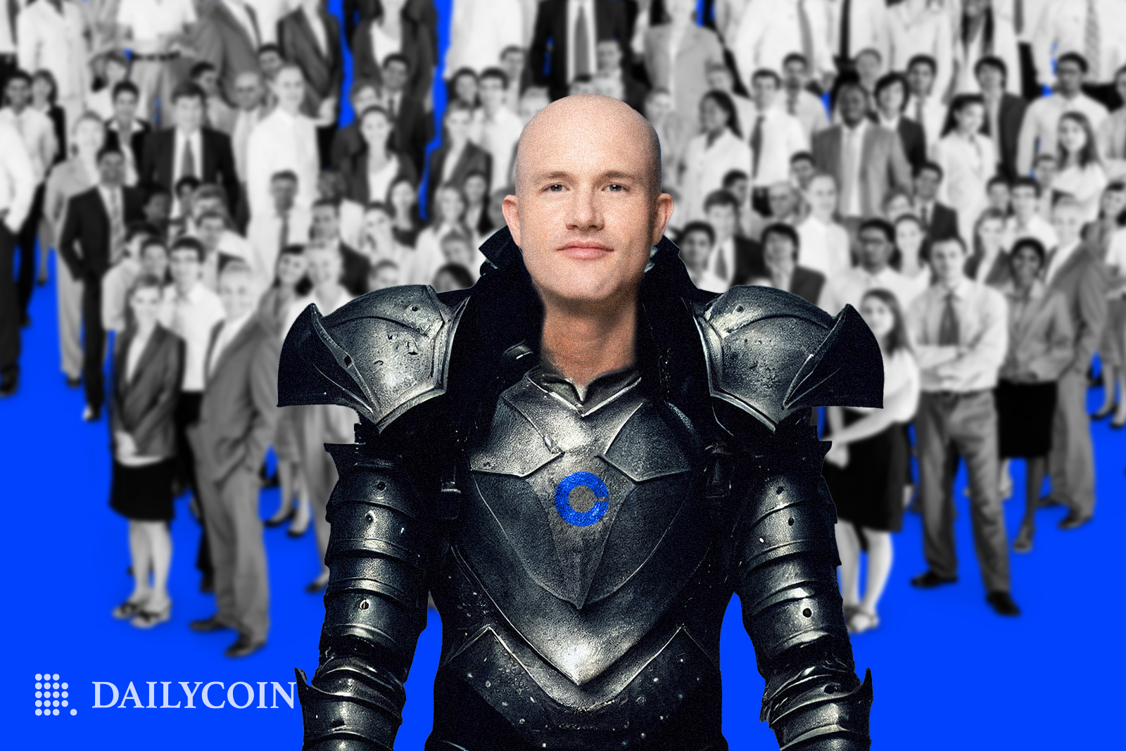 Coinbase CEO Brian Armstrong wearing an armor leading an army of people to fight.