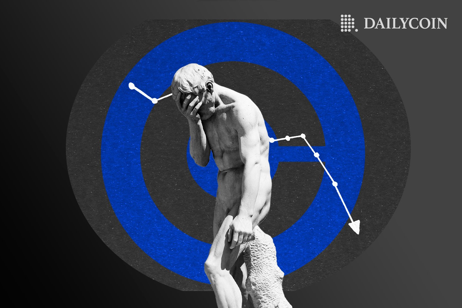 Statue of a sad man in front of Coinbase logo with a graph going down.