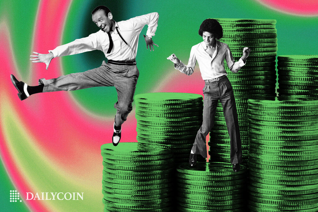 two people dancing on top of a pile of green coloured coins.