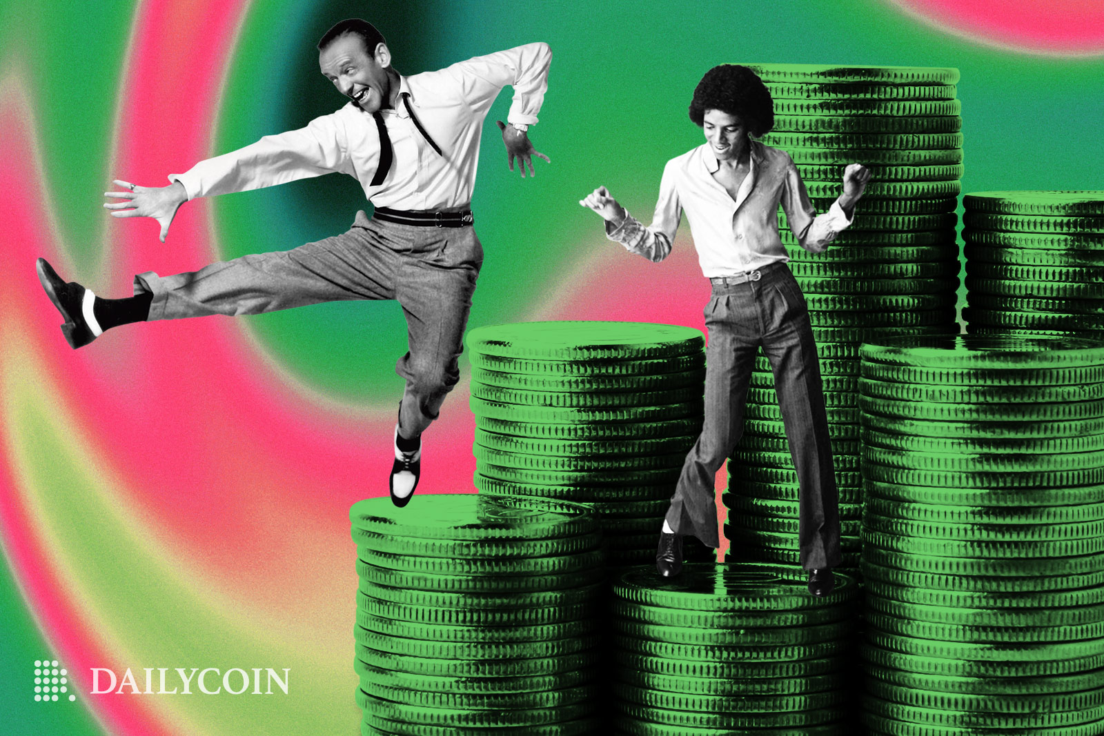 Two people dancing on top of a pile of green colored coins.