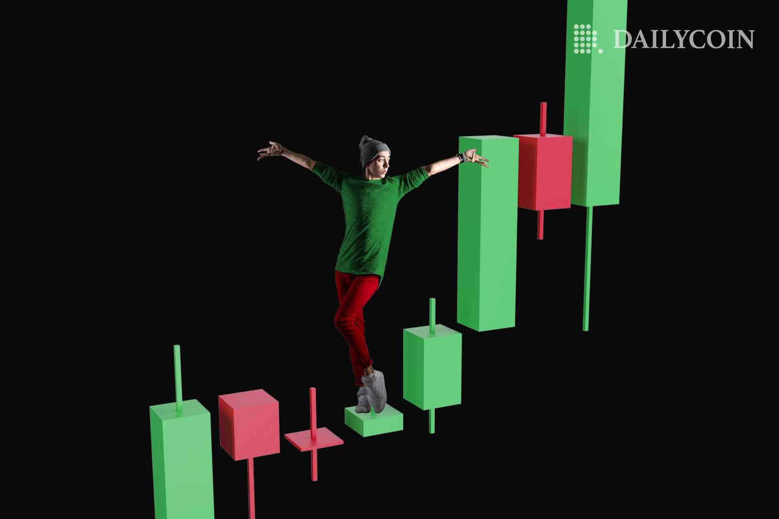 A man dressed in red and green dancing on a candlestick chart.