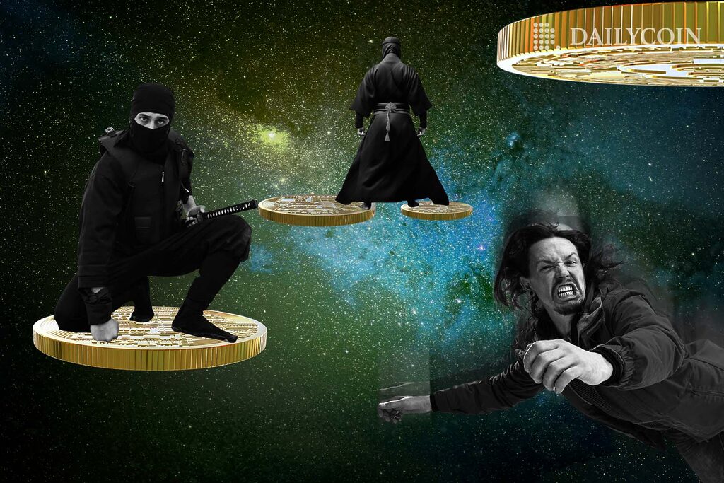 Ninjas flying crypto coins in space.