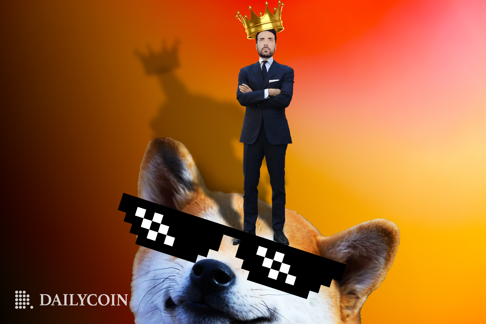 David Gokhshtein standing on Doge with sunglasses while wearing a crown.