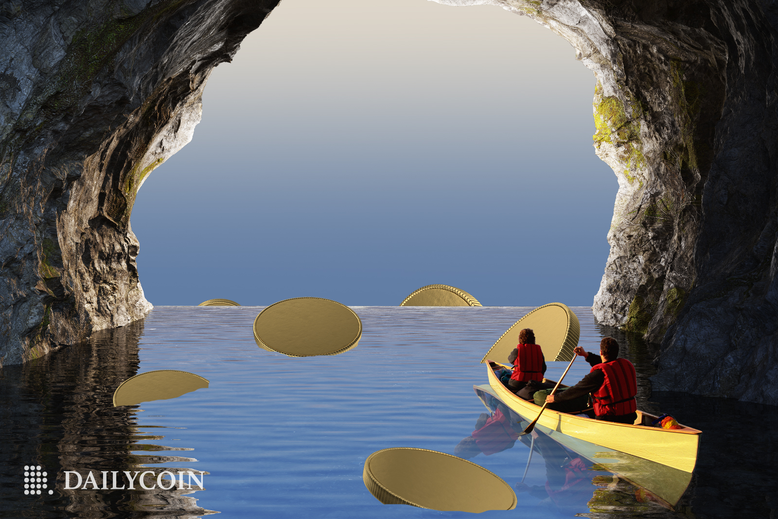 Two humans sailing a boat through a cave overflowed with water.