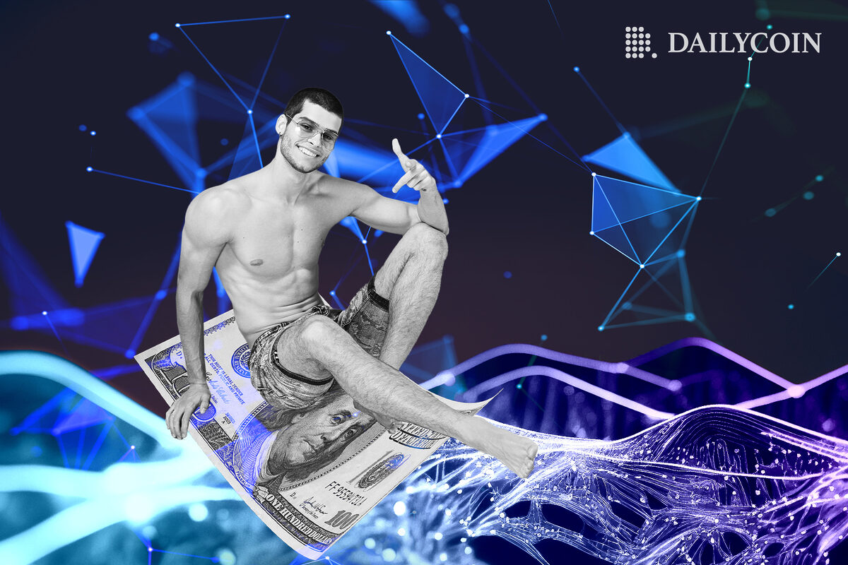 A man sitting on a dollar on top of blockchain.