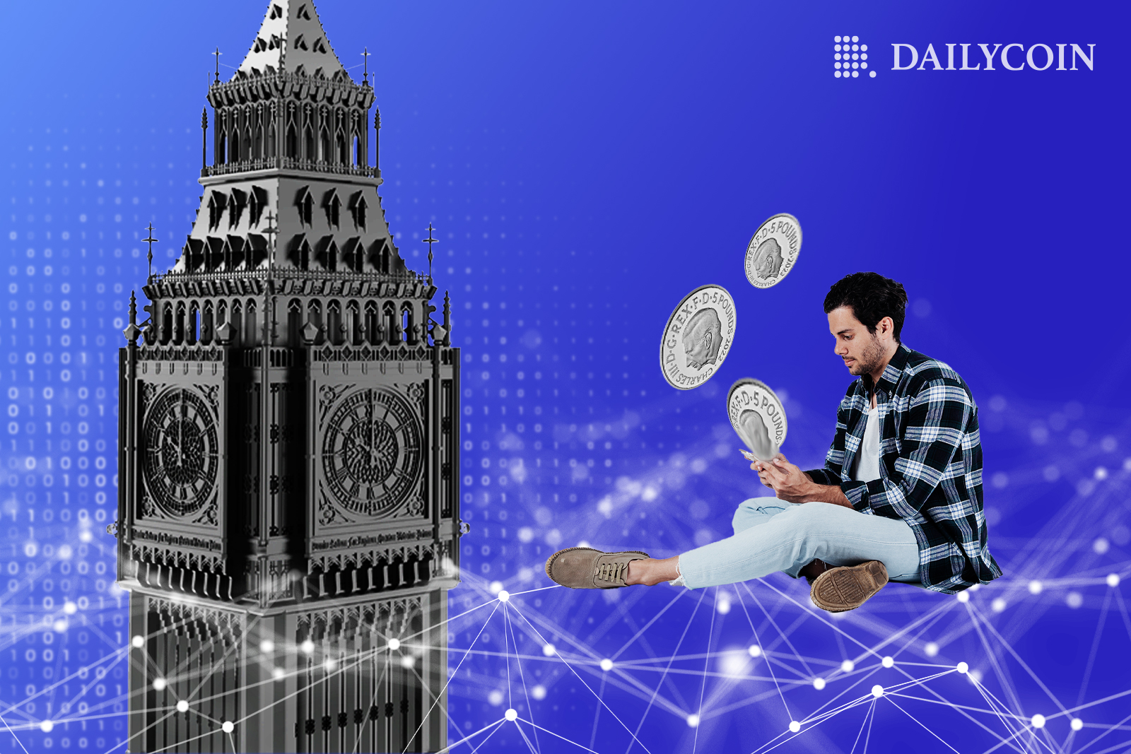 A man sitting on blockchain network holding digital pound in London UK.