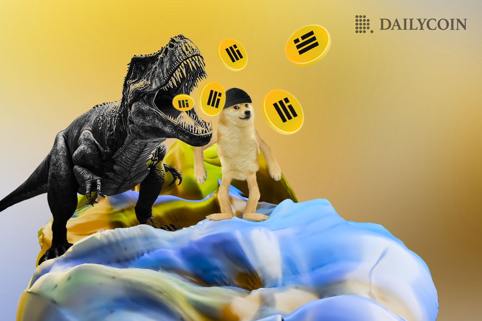 Dogecoin mascot in a black hat calmly sitting on a rock as a big dinosaur keeps spitting Binance USD stablecoins.