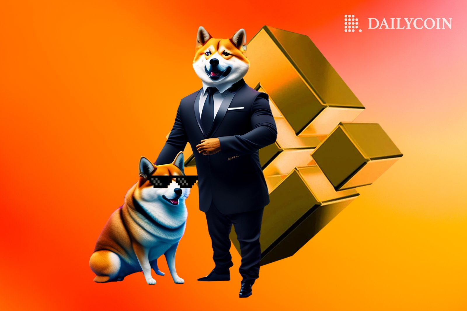 Dogecoin mascot dog in a businessman suit in front of Binance logo, smiling as DOGE overthrows BUSD by market capitalization.